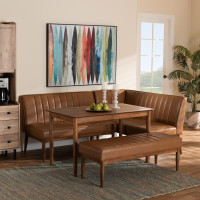 Baxton Studio BBT8051.12-TanWalnut-4PC Dining Nook Set Baxton Studio Daymond Mid-Century Modern Tan Faux Leather Upholstered and Walnut Brown Finished Wood 4-Piece Dining Nook Set